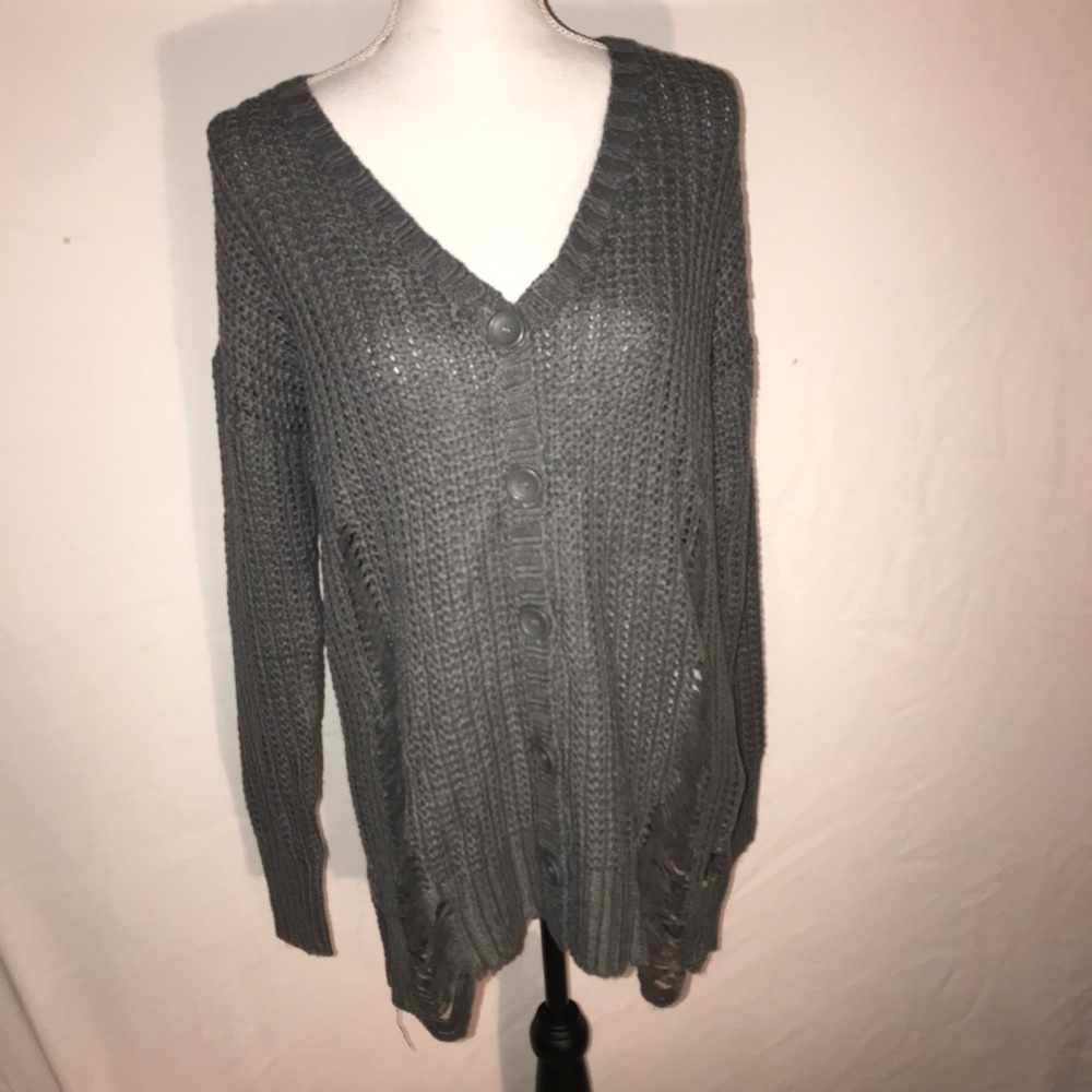 Derek Heart Distressed  Knit Cardigan Gray